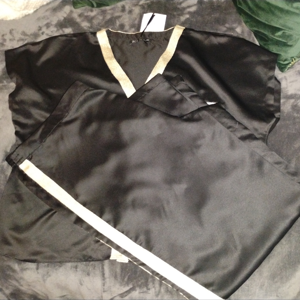 INC Satin Pajama Set in Black with Gold Metallic Trim, Sz XL NWT - Picture 6 of 7